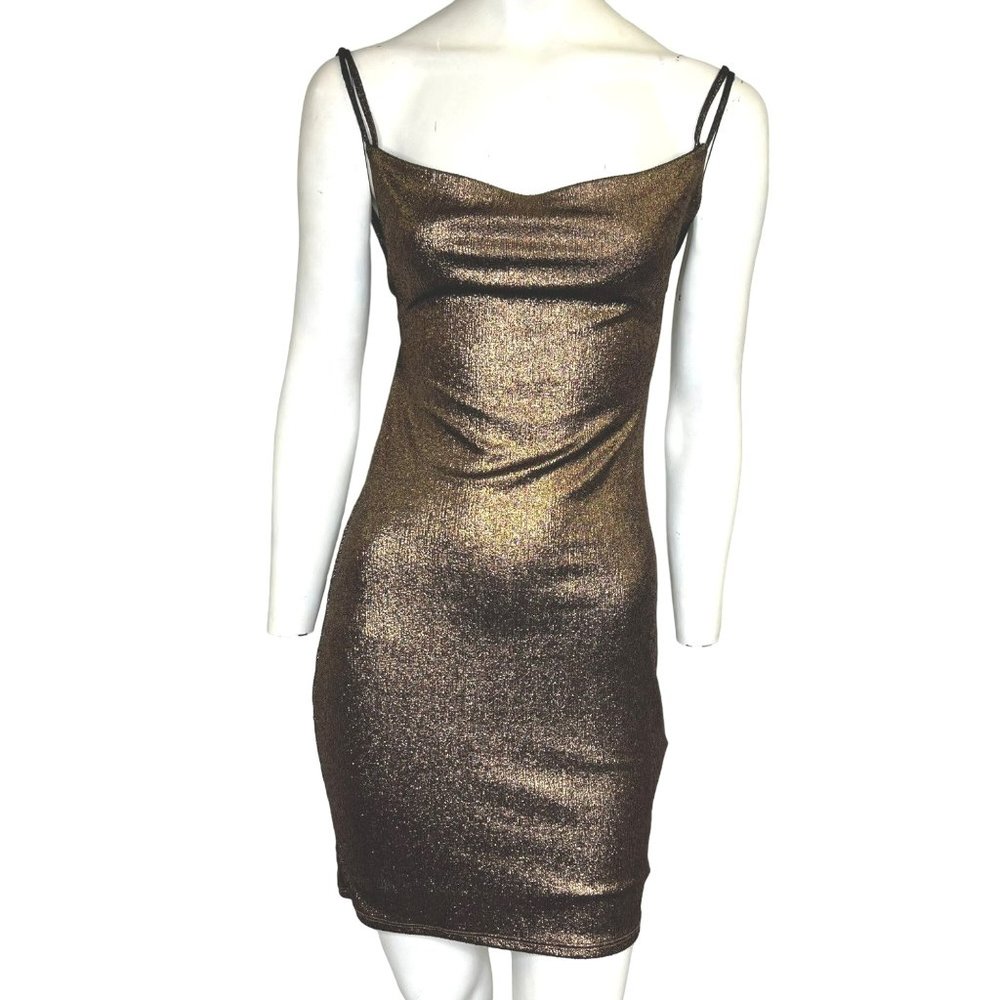 Tresser Metallic Bodycon Scoop Back Mini Dress Cognac Brown Size Medium NWT